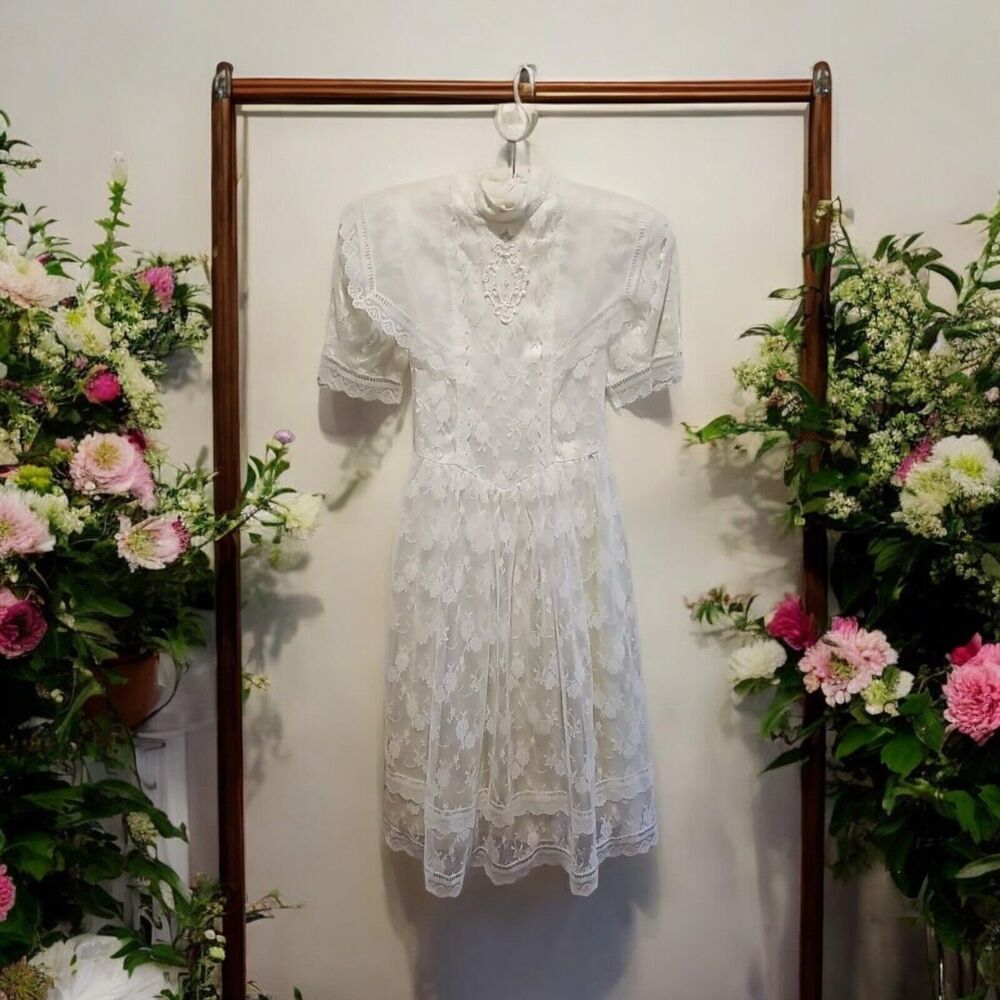 Vintage 90s Jessica‎ McClintock Ivory Lace Floral Dress Girls Size 10 Mock Neck